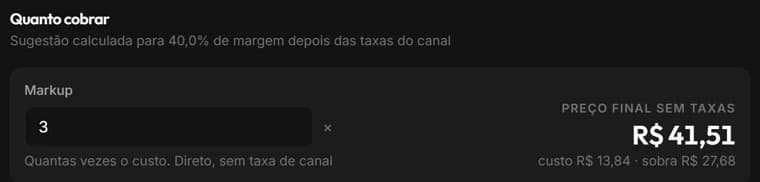 Cálculo de preço: markup 3x, preço final e quanto sobra